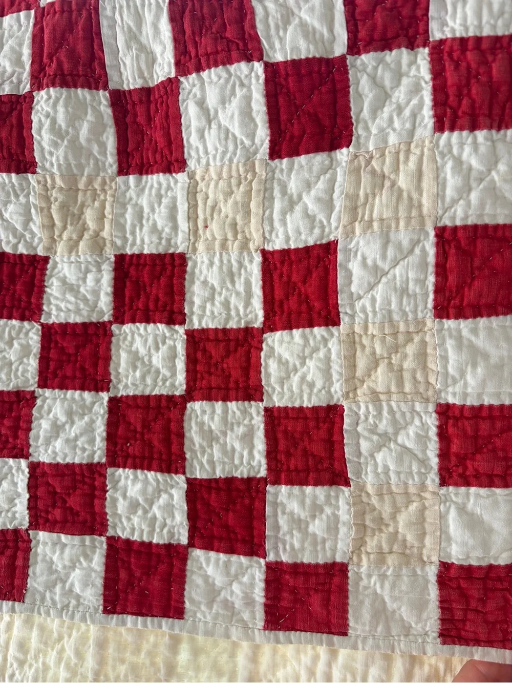 Vintage 1930-1940s Red & White Patchwork Checkered Feed Sack Quilt 65x74